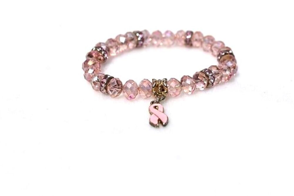 Cancer Awareness Light Pink Silver Pink Rhinestone Spacers Stretch 6" Bracelet